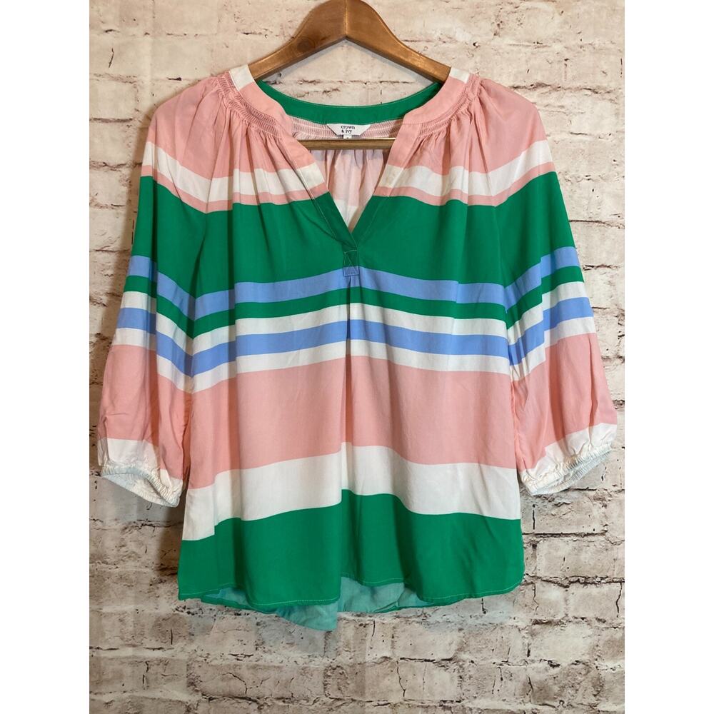 Crown & Ivy Top Womens Small Colorful Pink & Green Stripes Balloon Sleeve Flowy